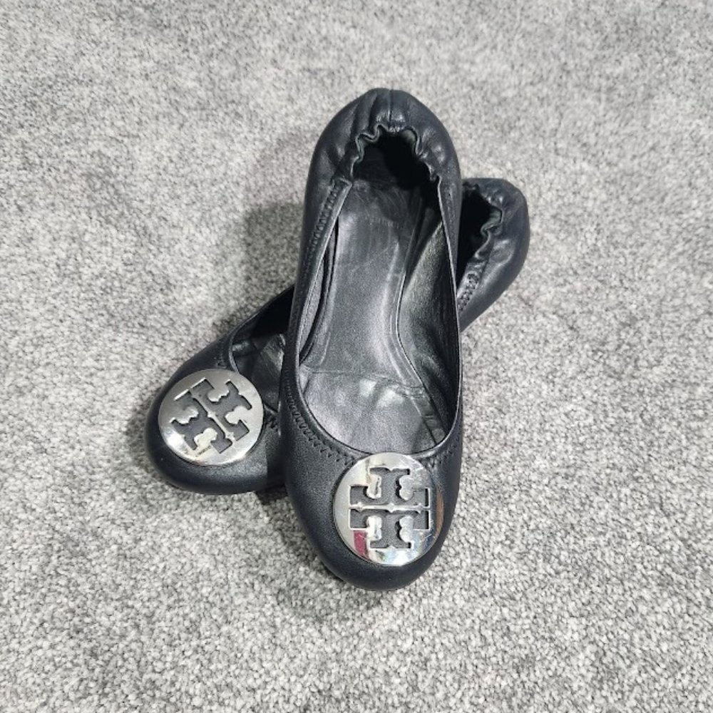 Tory Burch Classic Reva Ballet Flats Black Leather Silver Logo Size 7